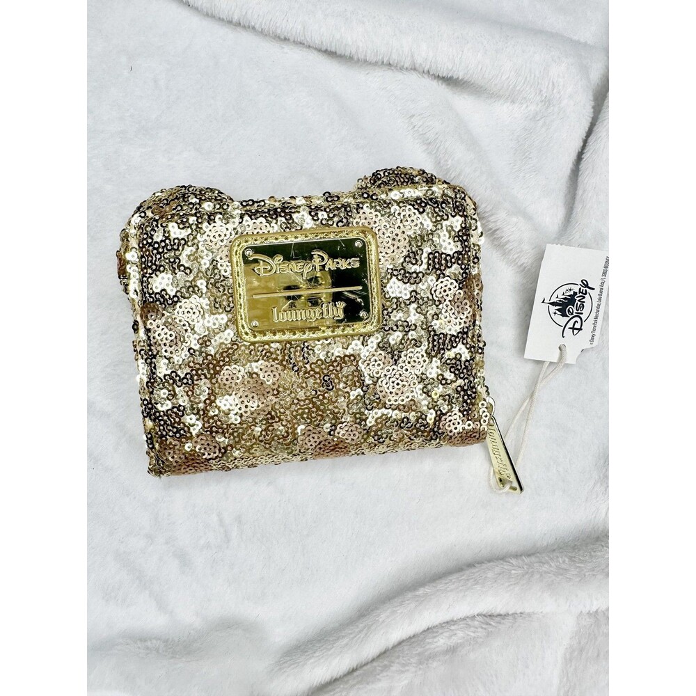 NEW Loungefly Wallet Womens One Size Gold Sequin Disney Minnie Bow Zip Around